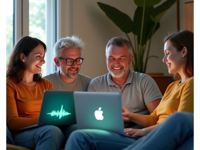 A diverse group of adults smiling and interacting in a virtual wellness session, depicted with overlapping sound wave graphics in the background.