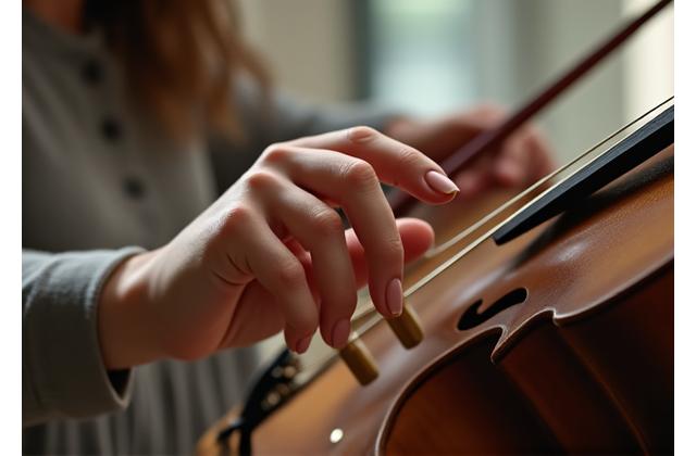 Hands playing a subtle stringed instrument, soft light, natural setting.