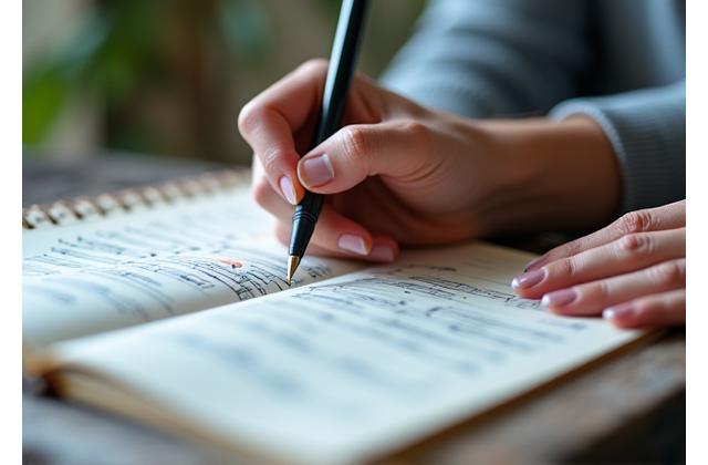 Someone sketching in a notebook with a calm expression, surrounded by subtle musical notations and natural light.