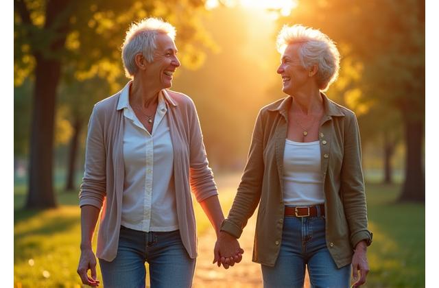 Two adults laughing and holding hands in a park, with subtle musical notes forming a connecting bridge between them, representing community and shared joy.
