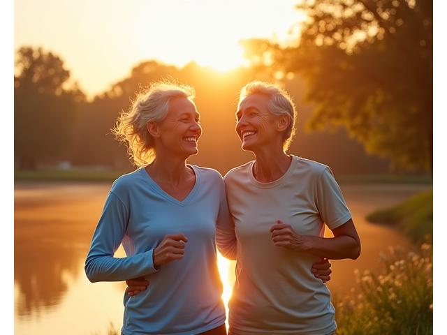 Vibrant, active senior couple laughing while doing light outdoor exercise by a lake, with musical notes subtly integrated into the background, signifying joy and vitality in later life.