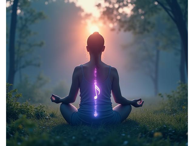 Person meditating peacefully outdoors at sunrise, with soft light and a glowing musical note overlay, evoking tranquility and stress relief through music.
