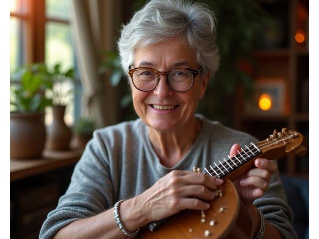 Senior adult engaged in a gentle musical activity, like playing a simple melodic instrument, with a focused yet joyful expression