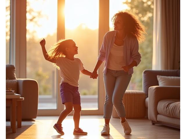 Mother and child laughing while dancing playfully in a sunlit room, representing energetic lifestyle