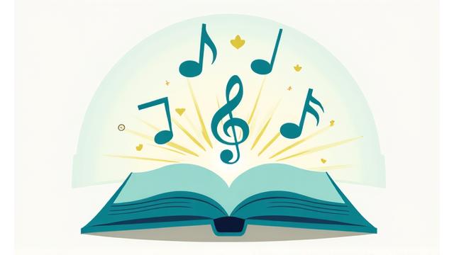 Open book with abstract musical notes and health symbols floating above it