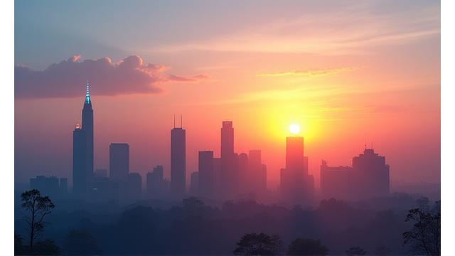 Sunrise over the Atlanta skyline with subtle sound waves emanating, serene and calm