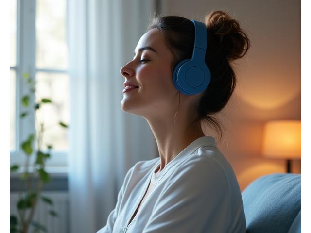 Woman meditating with headphones on, calm expression, subtle sound waves around her