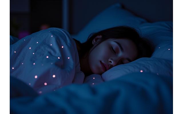 Serene bedroom scene with someone peacefully sleeping, gentle sound waves emanating from a bedside device, promoting restful sleep.