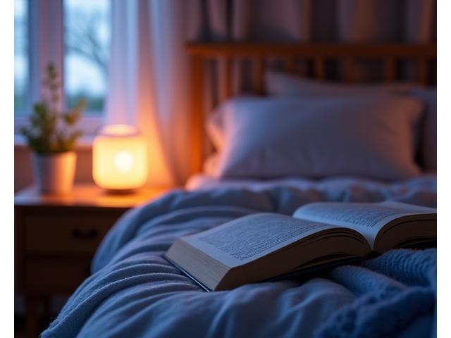 Cozy bedroom scene at dusk with warm lighting, a book, and diffused ambient sound, reflecting relaxation and sound therapy.