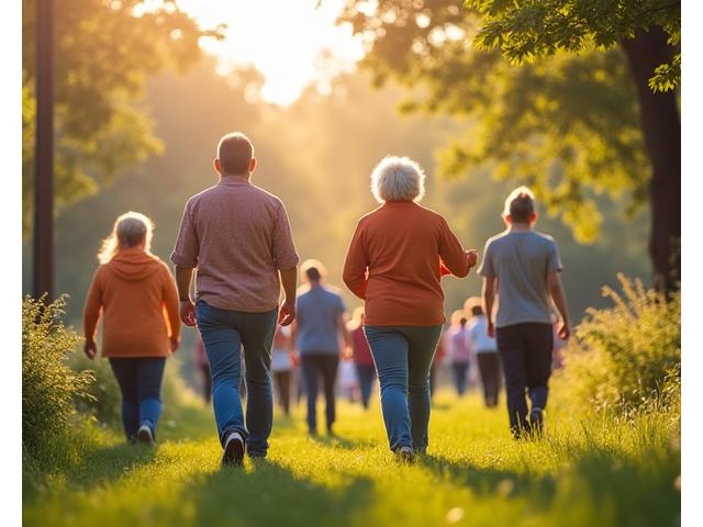 Group of friends enjoying a light outdoor activity, possibly yoga or walking, with subtle musical cues in the background, promoting community and nature.