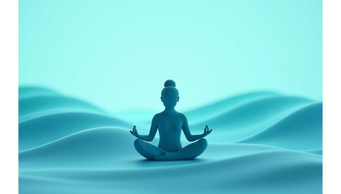 A serene individual relaxing, surrounded by abstract, organic sound wave patterns subtly shifting colors, indicating adaptive music experiences.
