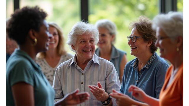 Group of diverse seniors in Atlanta happily participating in a community music class with various instruments, laughing and interacting.
