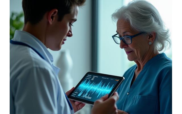 A healthcare professional and a patient reviewing a tablet displaying health data and musical wave patterns, symbolizing integrated care.