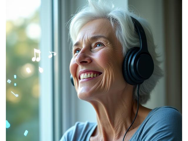 Elderly woman smiling, listening to music through headphones, surrounded by gentle musical notes and sound waves.