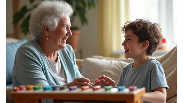 An elderly woman and a young child playing a simple percussion instrument together with infectious smiles, showing intergenerational connection through music.