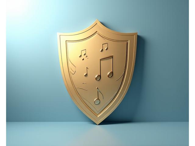 Golden abstract shield with musical notes and flowing lines, symbolizing data protection and trust in a secure digital environment, against a soft, gradient background.
