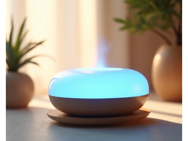 Zen sound machine emitting gentle waves in a minimalistic, warm-lit room