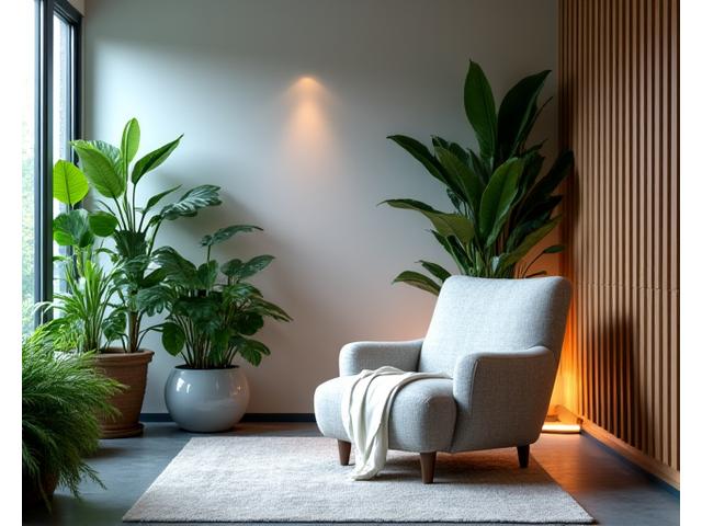 Ambient home wellness space with plants, diffuse lighting, and sound system