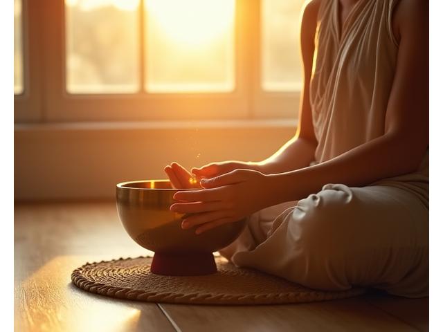 Person meditating with a singing bowl in a serene, sunlit space