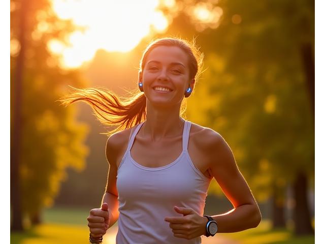 Woman jogging with wireless rhythmic earbuds in a park, dynamic motion