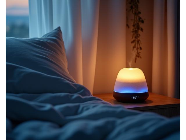 Cozy bedroom with a soft glow, sound machine on a nightstand