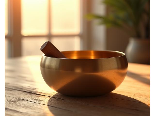 Elegant sound therapy bowl and mallets on a wooden table, soft light