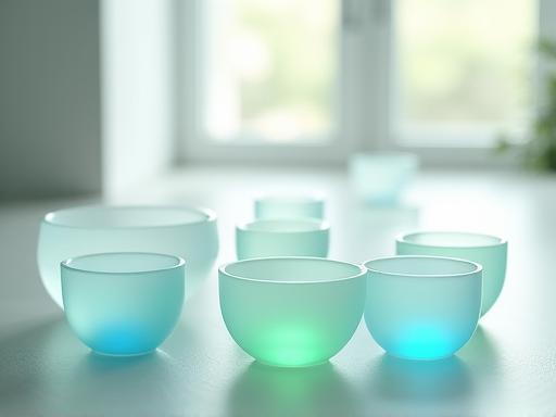 Translucent frosted crystal singing bowls on a white background, emanating a soft glow.
