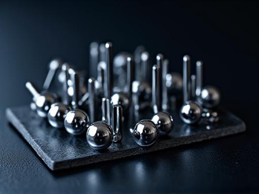 A variety of metal tuning forks arranged neatly on a dark, reflective surface.