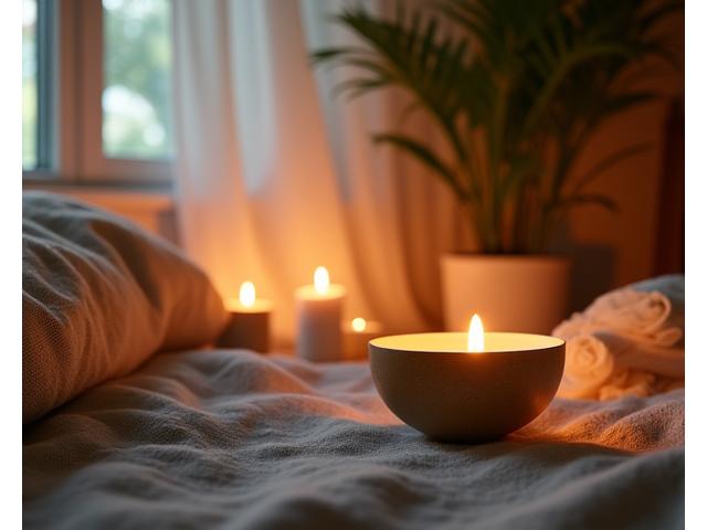 A cozy, dimly lit room with soft textiles, a meditation cushion, and a small setup of sound healing instruments like a crystal bowl and chimes.