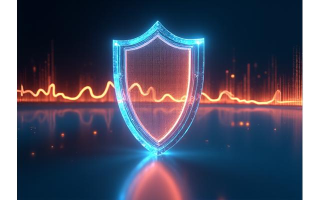 Visual metaphor of a protective shield intertwined with abstract sound waves, representing legal safeguard and digital content.