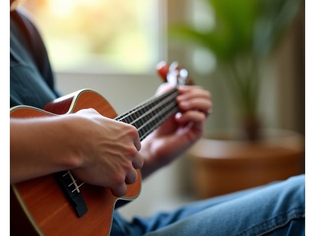 A person gently strumming a ukulele, with a soft focus on their hands and the instrument.